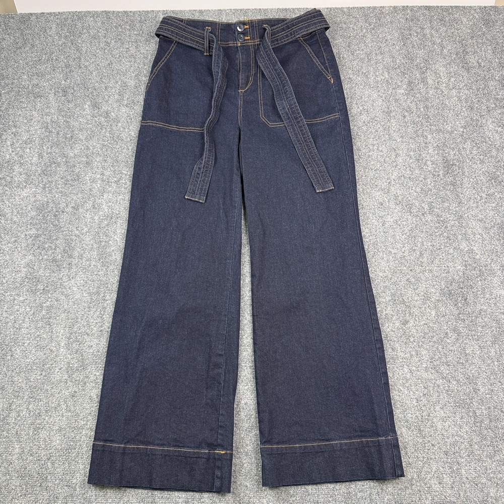 Route 66 Womens Flare Jeans Size 12 High Rise Belted Wide Leg Dark Wash Denim